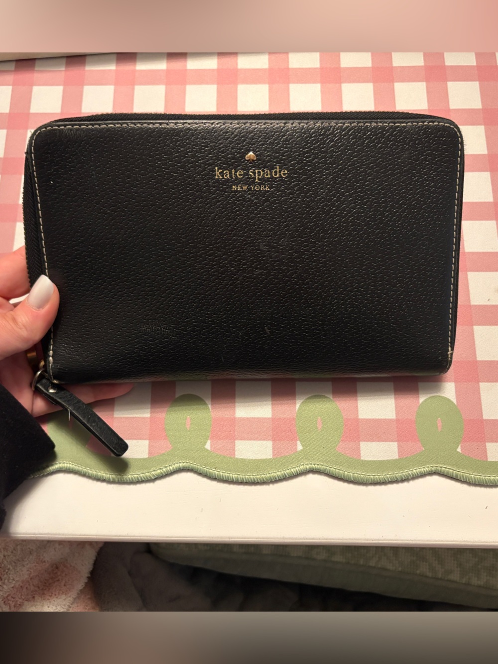 kate spade black pebbled leather zip-around extra large wallet